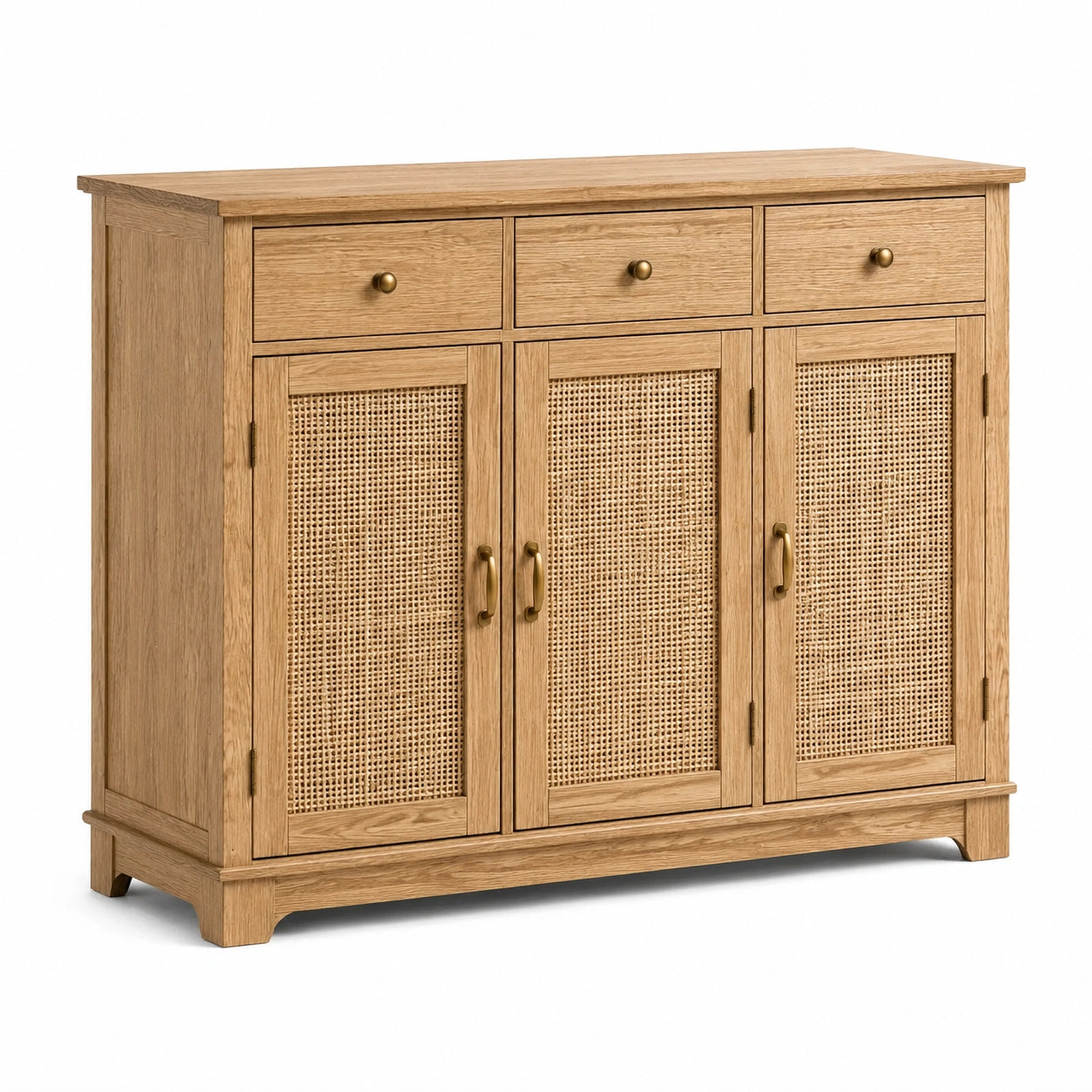 Aparador de madera y ratán con 3 cajones y 3 puertas