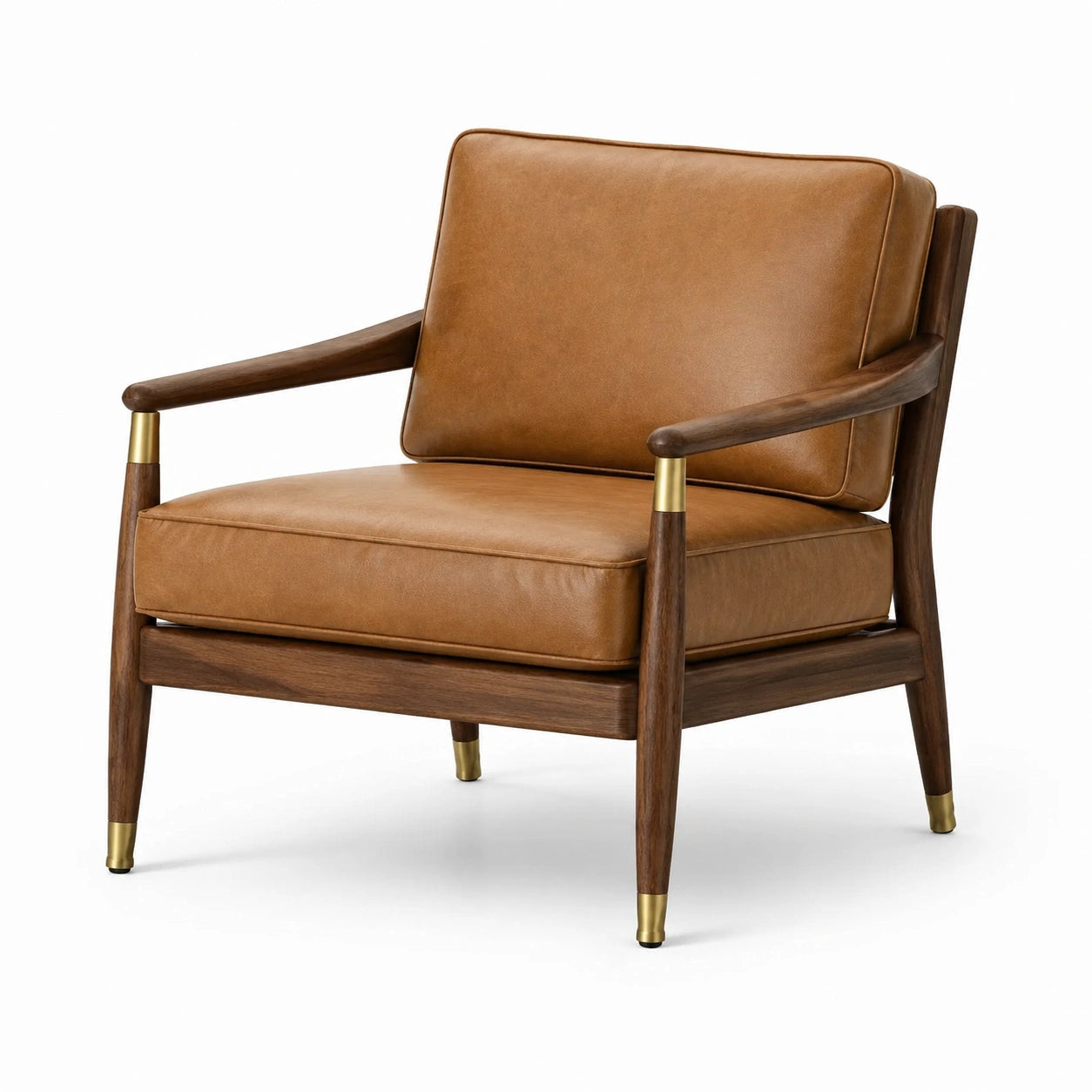 Sillón de madera de nogal con cojines de cuero sintético marrón