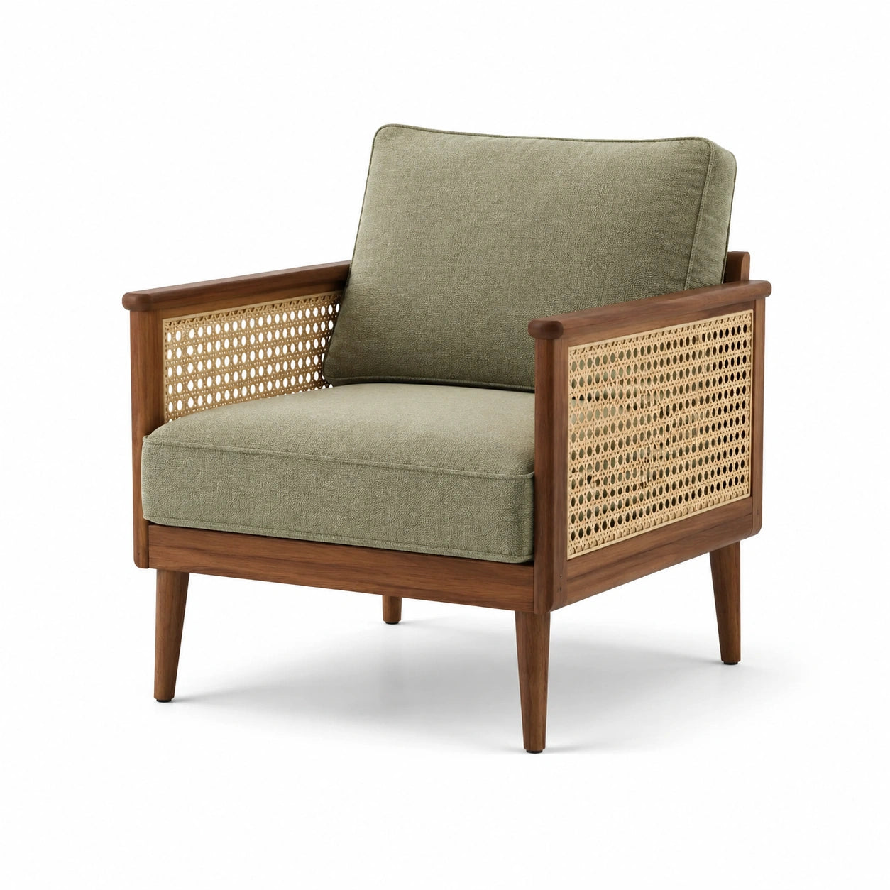 Sillón de Madera y Ratán con Cojín de Tela Verde