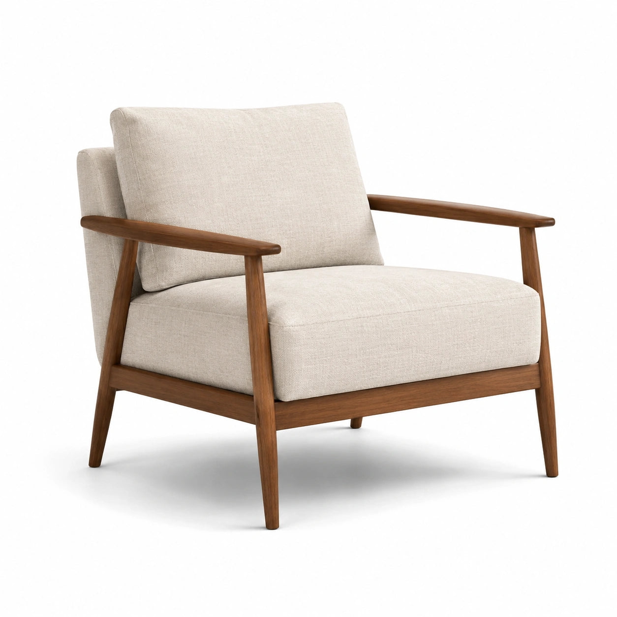 Sillón de tela de lino beige con estructura de madera de nogal