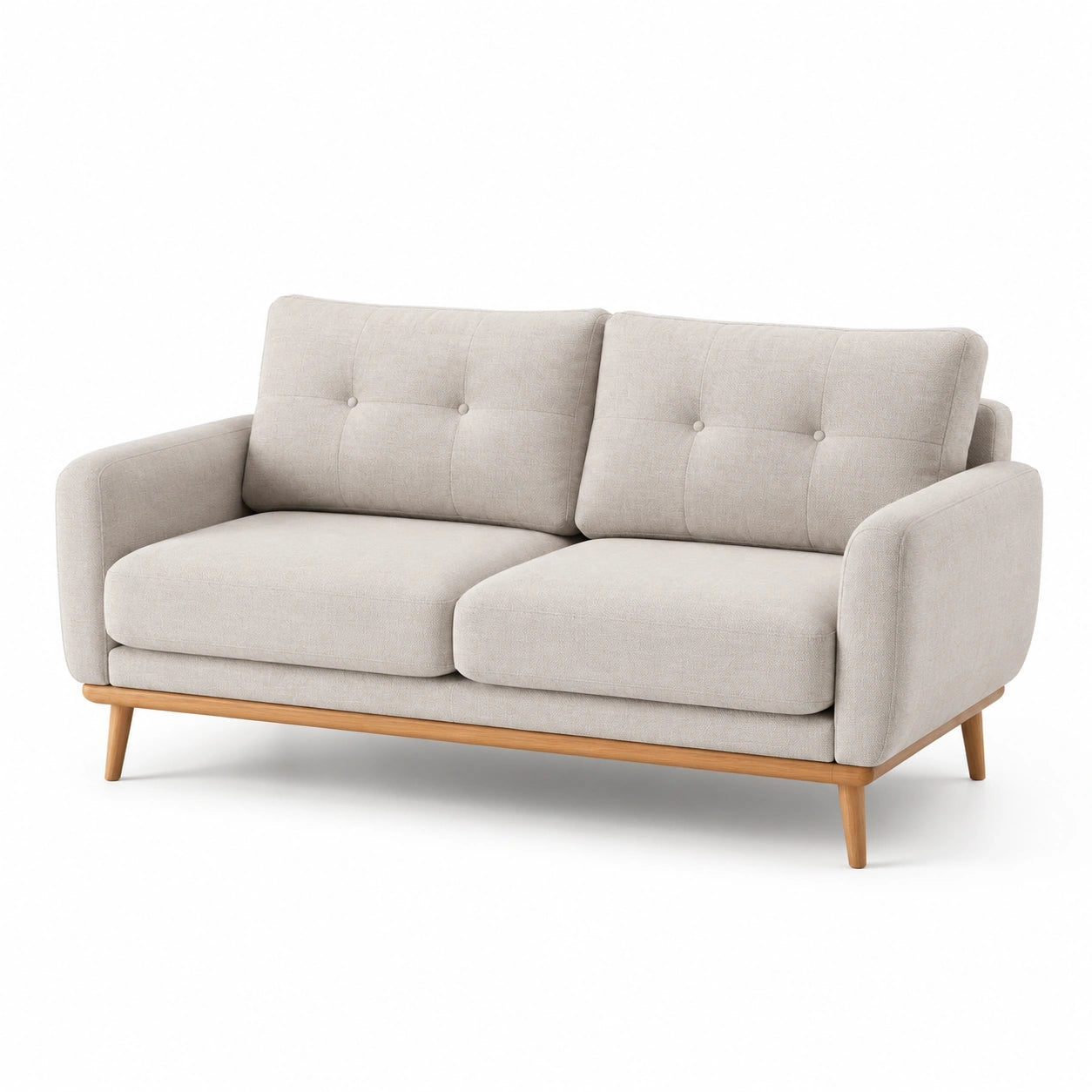 Sofá de dos plazas de poliéster beige con base de madera