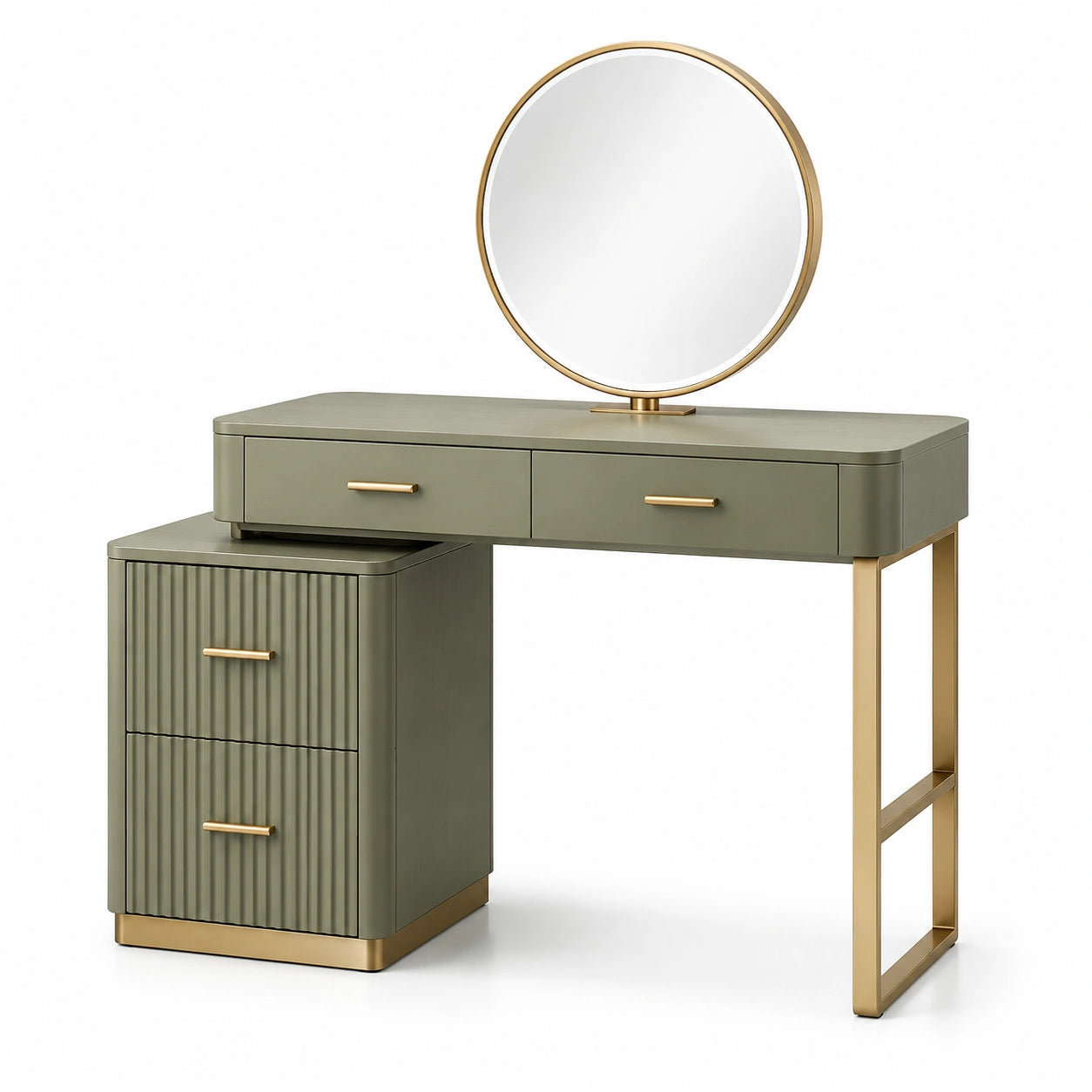 Tocador de madera con espejo redondo verde y dorado