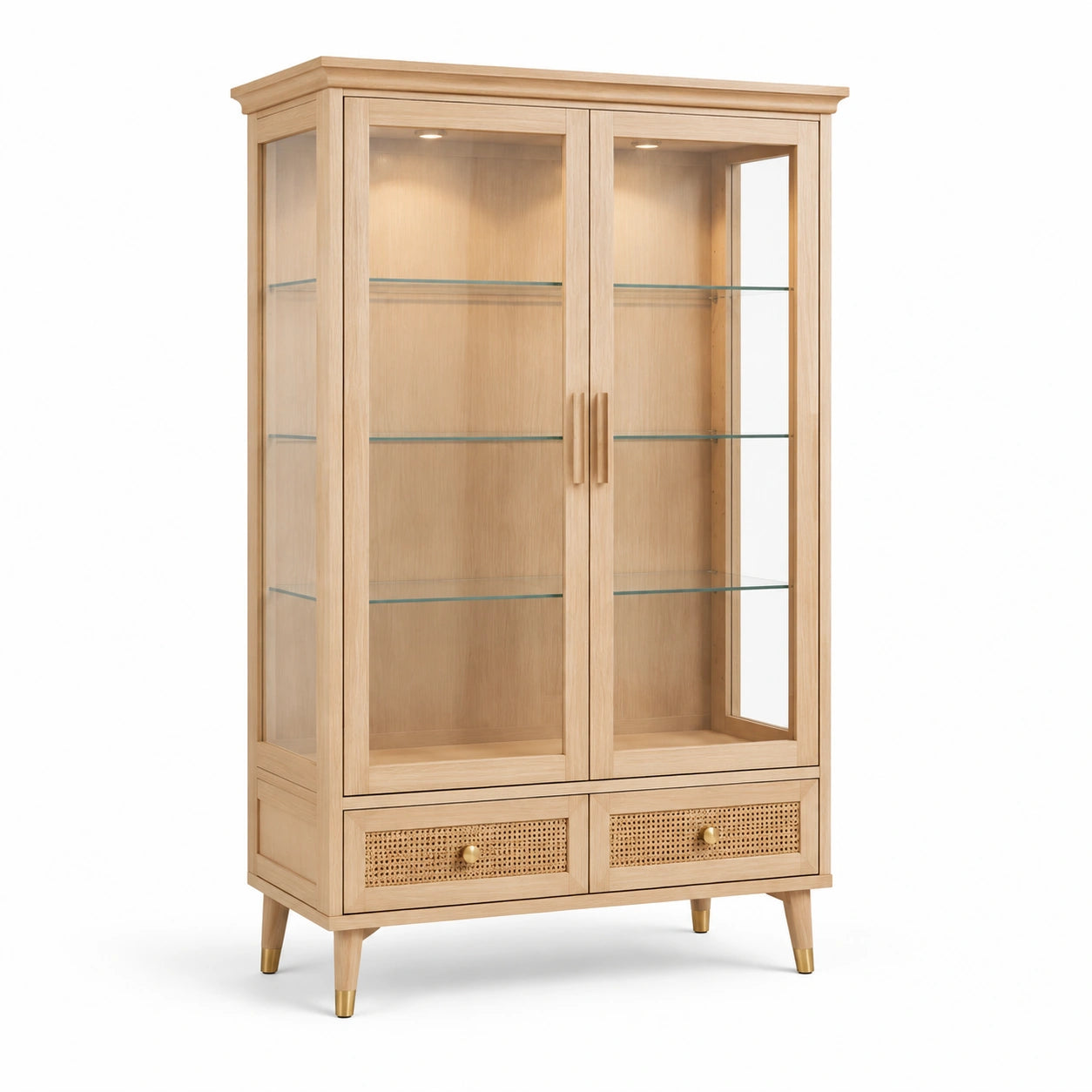 Vitrina de roble con puertas de vidrio y cajones de ratán 180x90cm