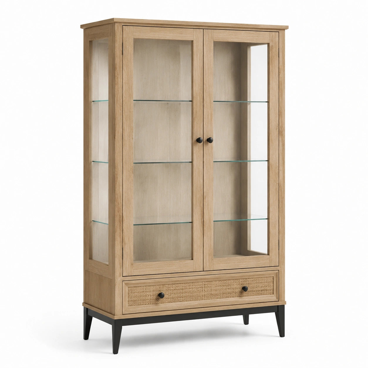 Vitrina de madera con puertas de vidrio templado de 6mm y cajón de ratán
