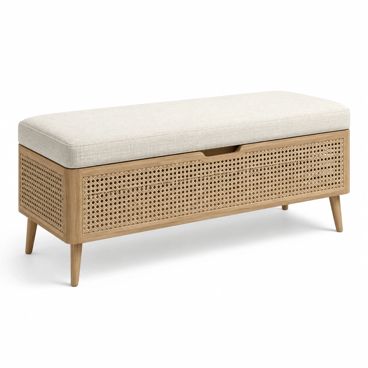 Banco de Madera y Caña con Asiento de Lino Beige