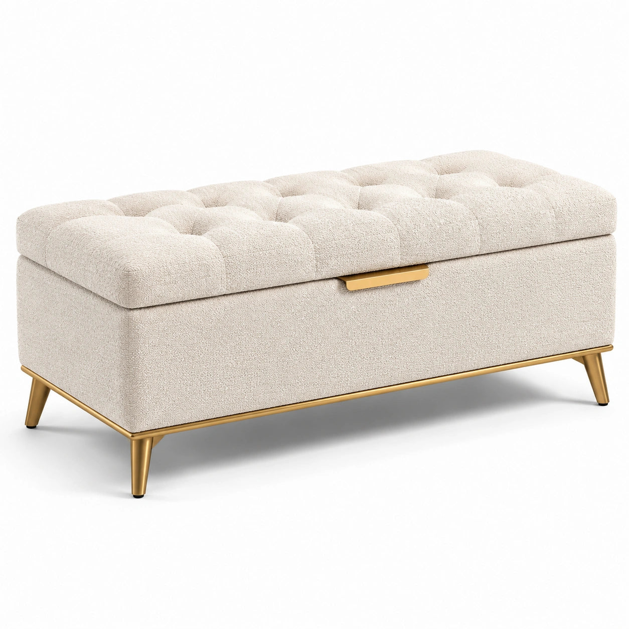 Banco de almacenamiento de tejido bouclé beige con patas de metal dorado