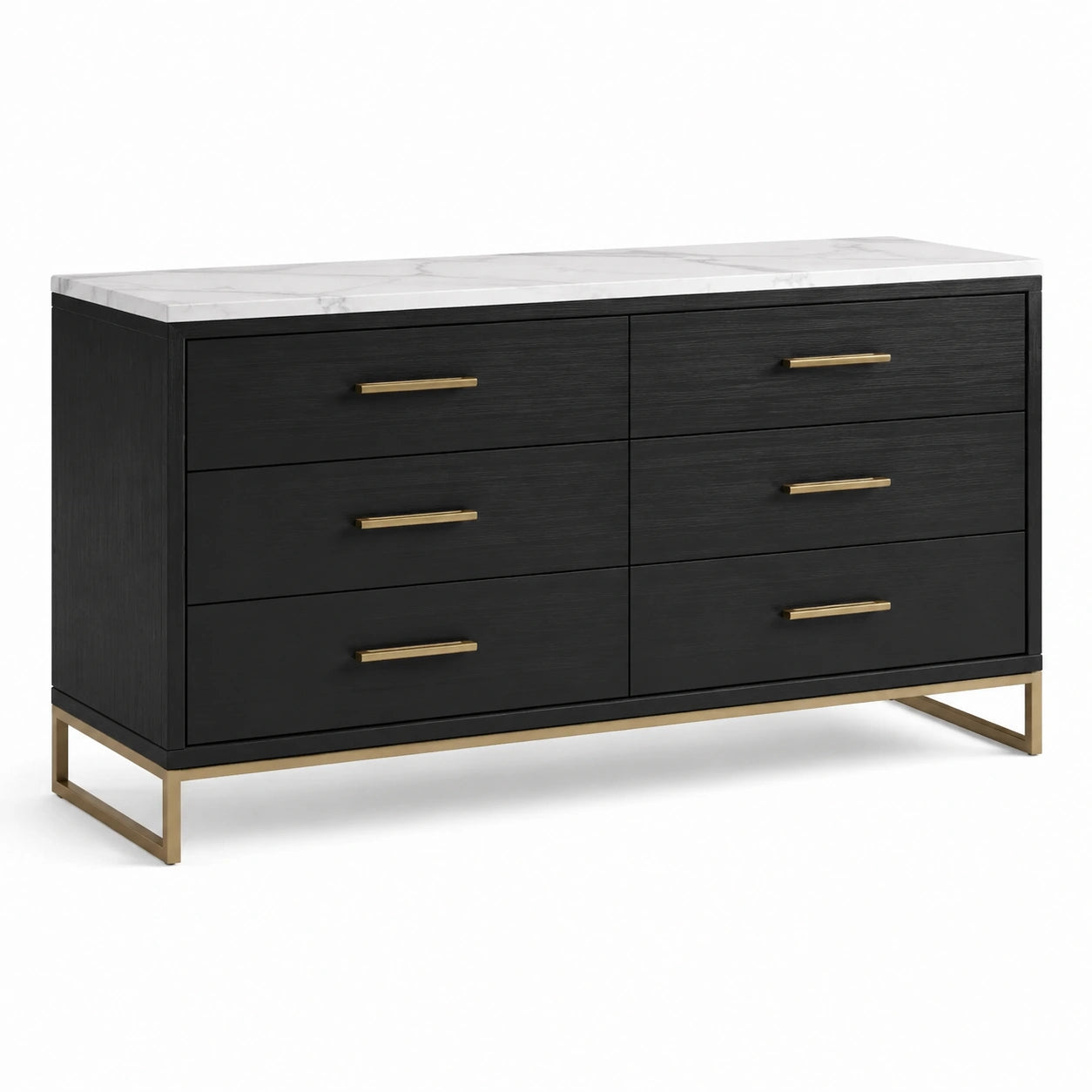 Cajonera de Madera con Encimera de Mármol Blanco y Base de Metal Dorado
