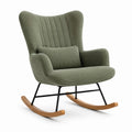 Silla mecedora de tela de pana verde con estructura metálica y base de madera