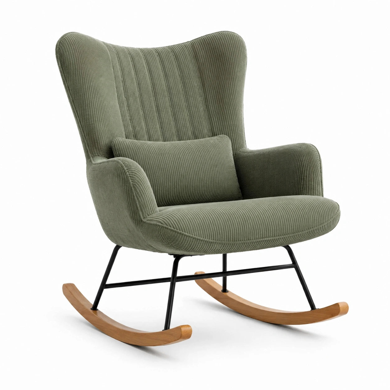 Silla mecedora de tela de pana verde con estructura metálica y base de madera