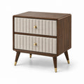 Mesita de noche de madera con lino beige y detalles dorados