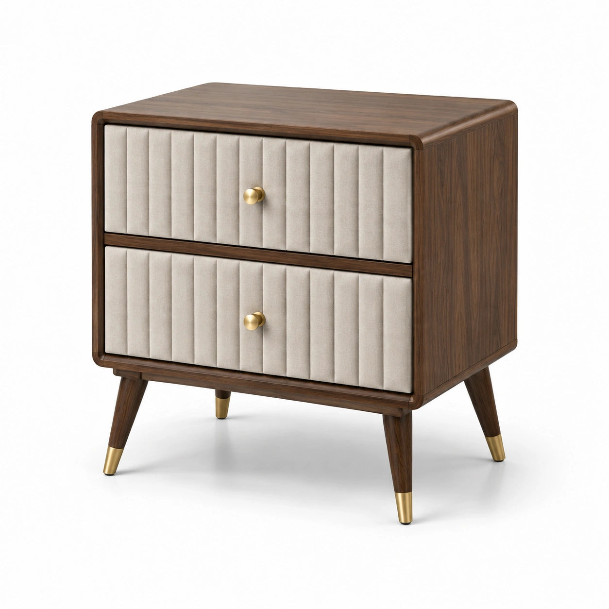 Mesita de noche de madera con lino beige y detalles dorados