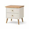 Mesita de noche de MDF blanca con detalles de madera y roble