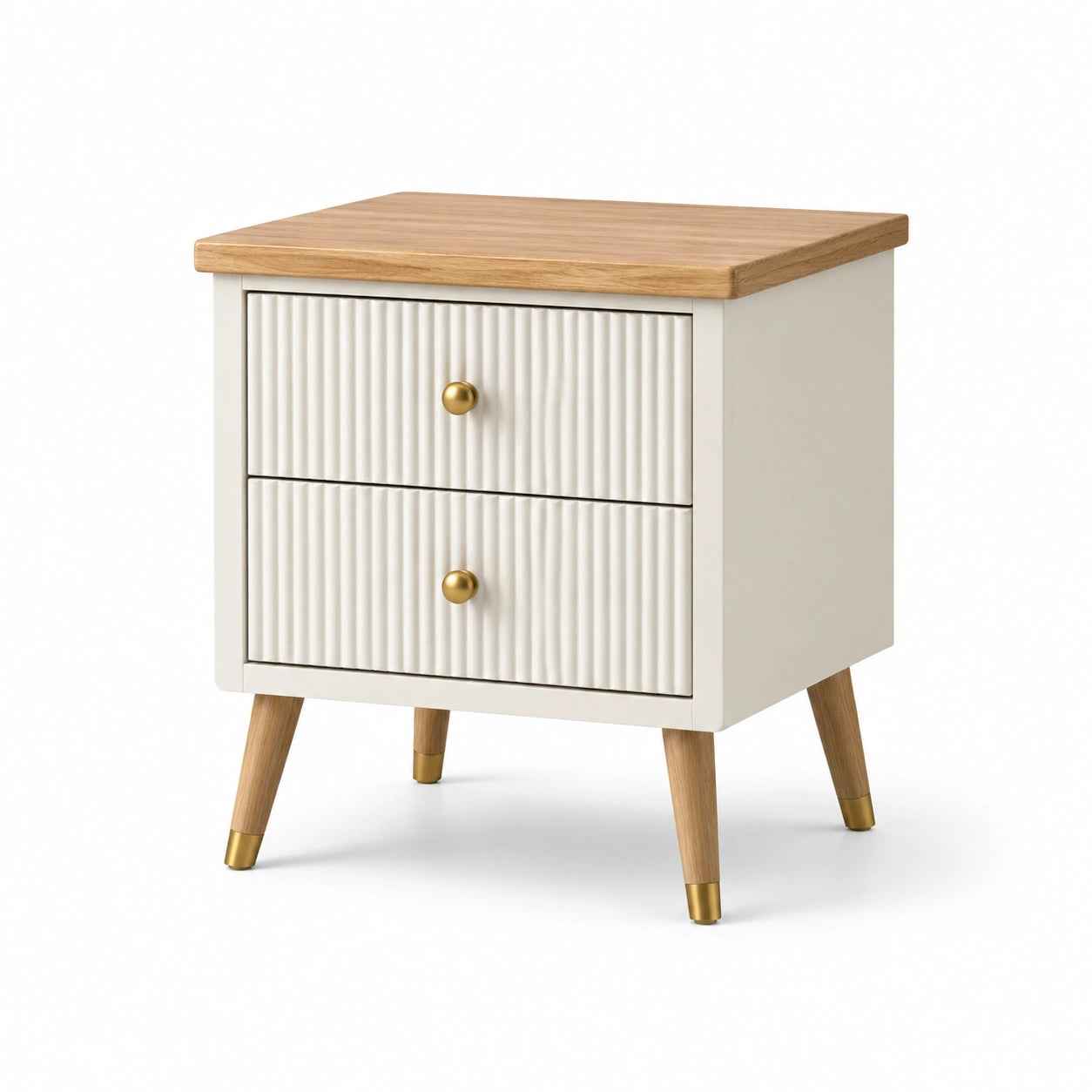 Mesita de noche de MDF blanca con detalles de madera y roble