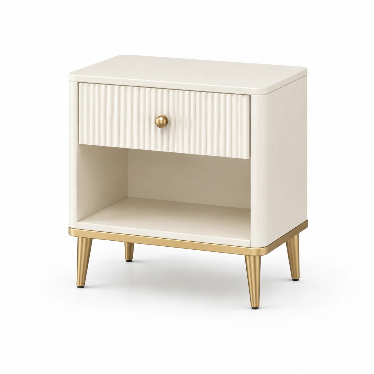 Mesita de noche MDF beige con patas metálicas doradas