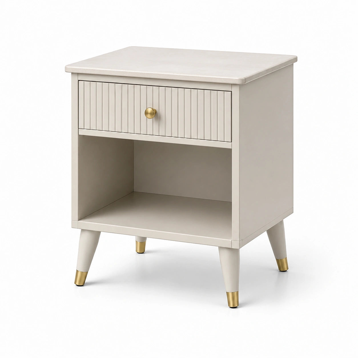 Mesita de noche de MDF beige con tiradores de metal