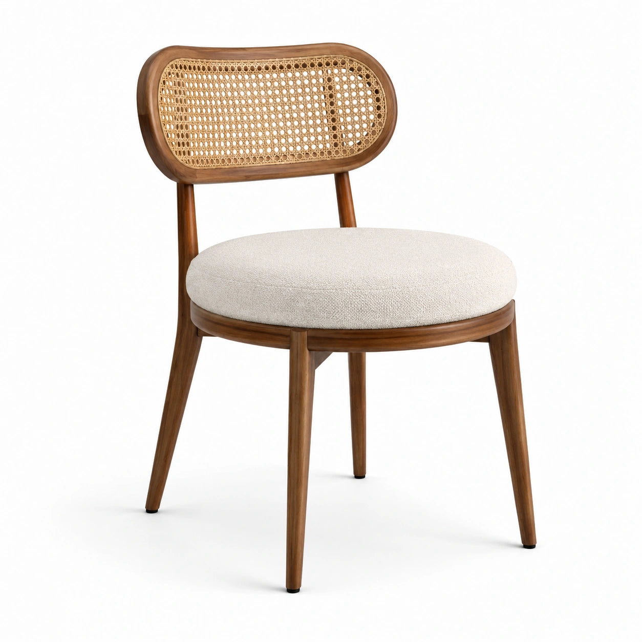 Silla de nogal y ratán con asiento de lino beige