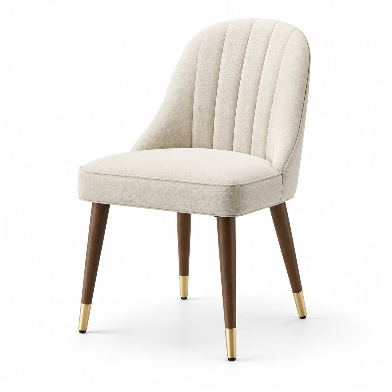 Silla de lino beige con patas de madera y detalles dorados