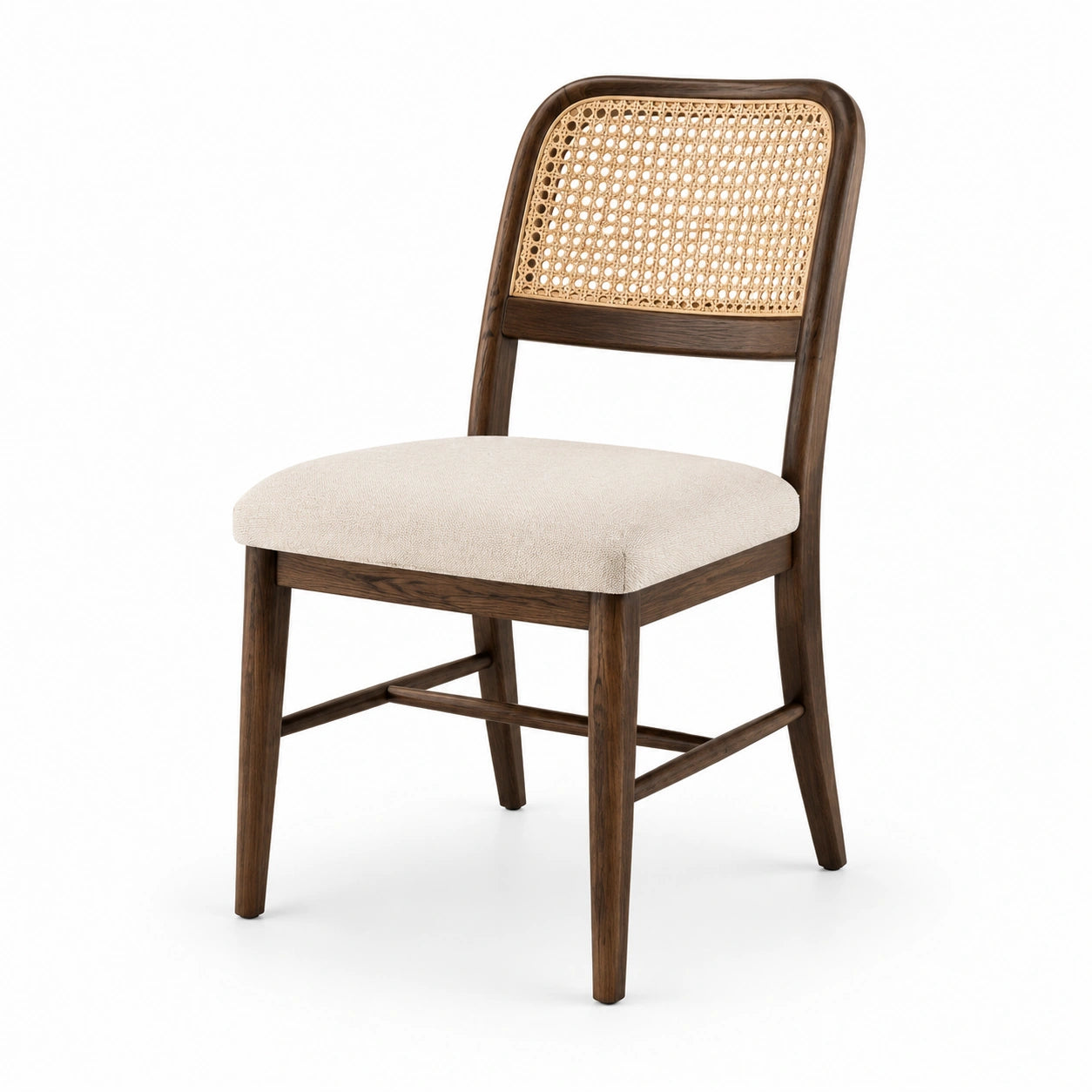 Silla de roble con respaldo de ratán y asiento de lino beige